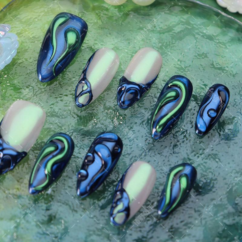 Handcrafted Press-On Nails With Metallic Chrome Finish Almond Shape Blue A1945 Women Sweet Punk Light Luxury Thin