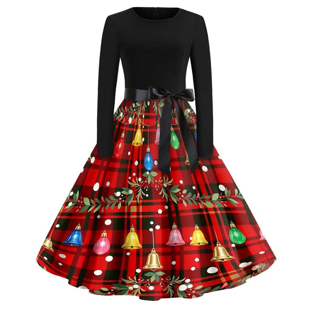 Women's Casual Vintage V-Neck Dress with Christmas Snowflake and Tree Print