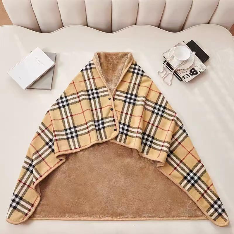 Double-Layer Fleece Shawl Blanket with Buckle - Warm, Multifunctional Office Blanket for Women
