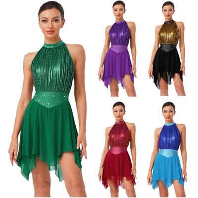 Womens Lyrical Dance Dress Ruched Metallic Mesh Rhinestone Irregular Hem Sleeveless Built-in Briefs Leotard Dress