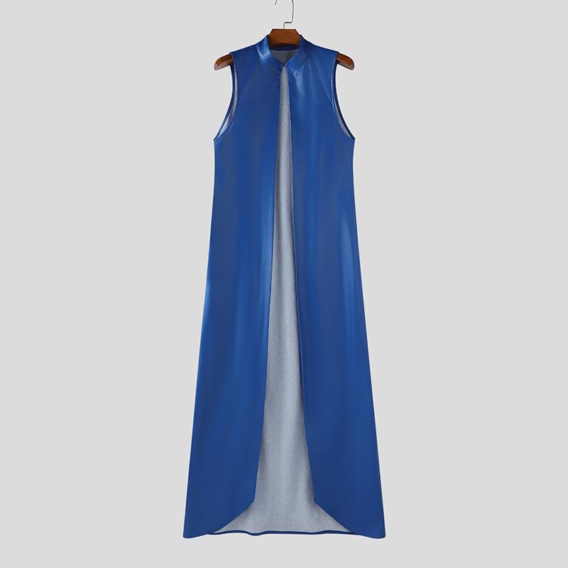 INCERUN Men Stand Collar Sleeveless PU Open Front Faux Leather Long Maxi Cardigan Coats