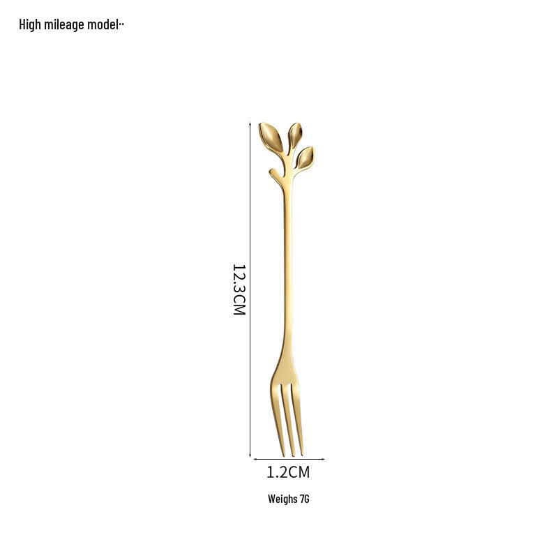 Gold Stainless Steel Leaf Spoon and Fork Set - Long Handle for Stirring, Desserts, and Coffee