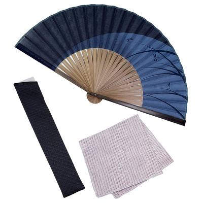 Stylish Business Fan Set with Fan Pouch and [Osaka Choseido] Men's Fan, Handkerchief, Kagerō (Grayish Blue)