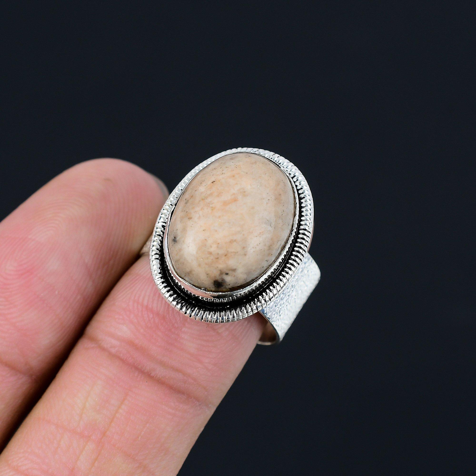 Oval Peanut Wood Jasper Gemstone Wife Stackable Promise Ring Jewelry 925 Silver 9
