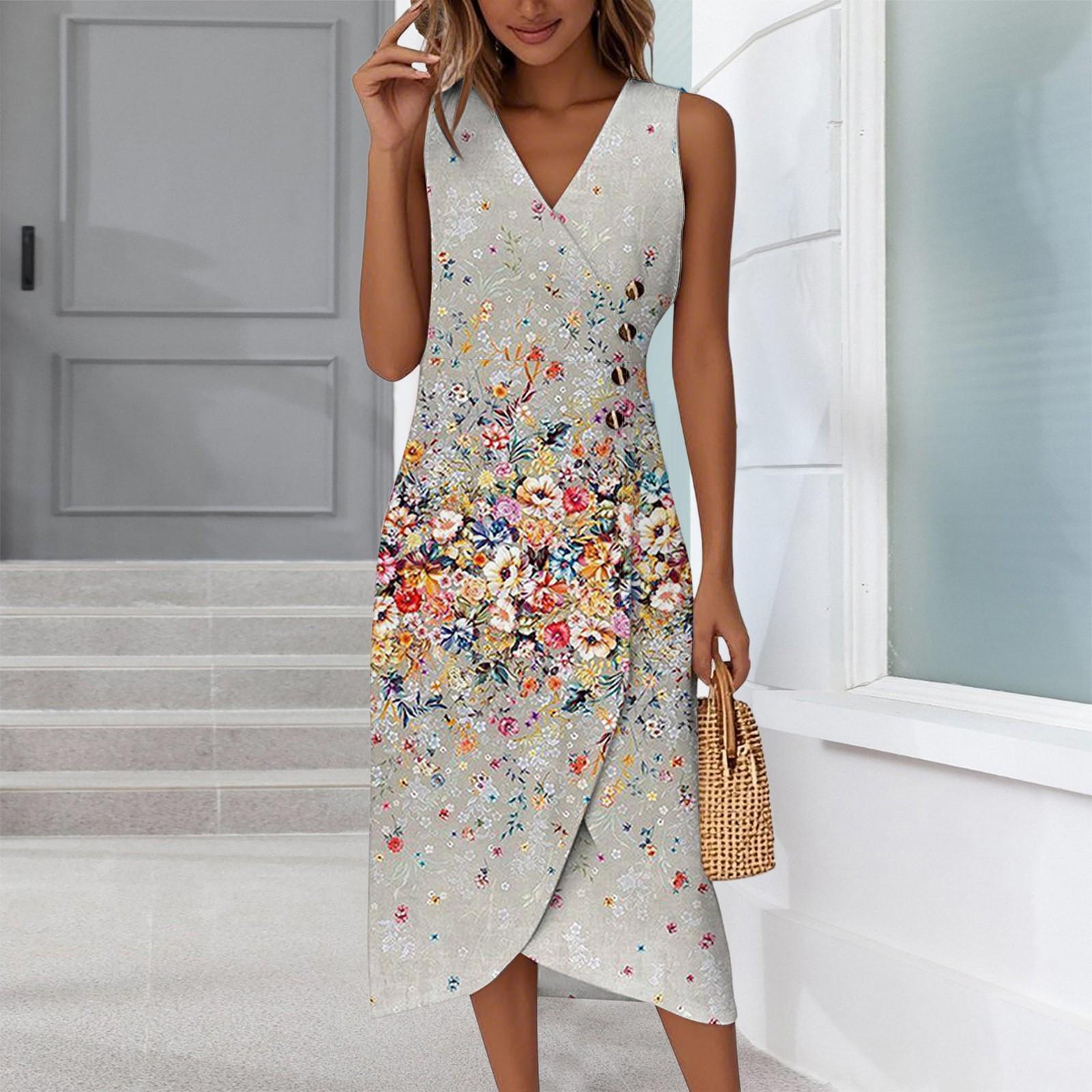 

Пляжные платья для женщин, весна-лето, элегантное платье с V-образным вырезом и цветочным принтом в стиле бохо, струящееся гавайское платье макси с рюшами L хаки