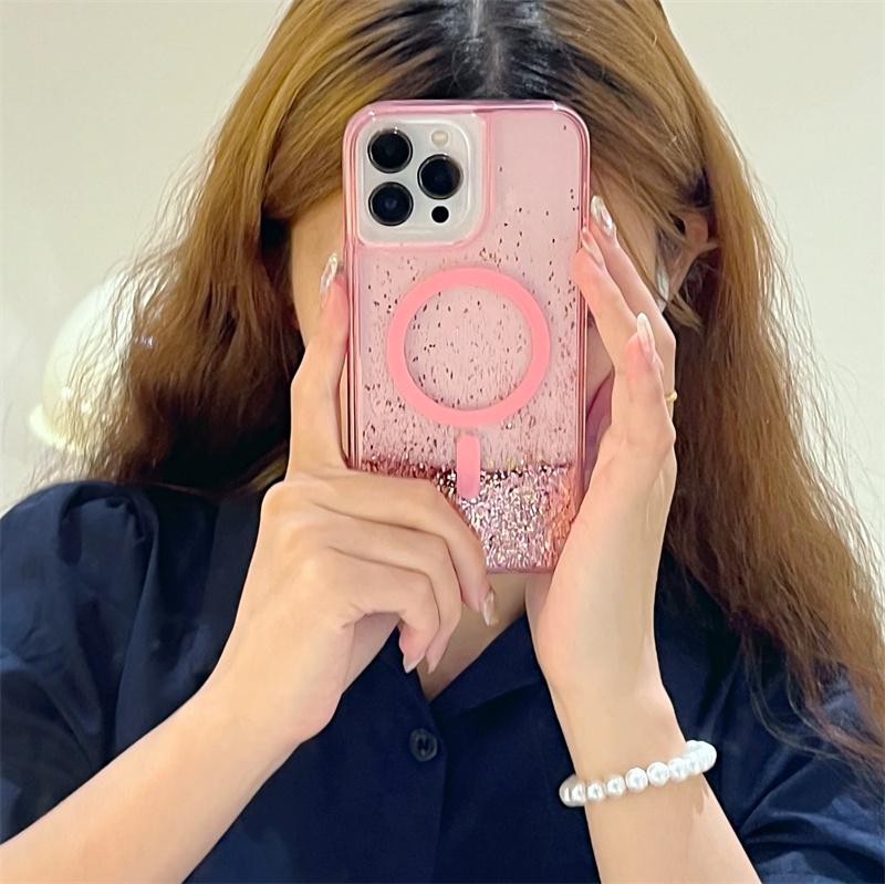 Quicksand Magnetic Magnets Case for iPhone 14 13 Pro Max 16 15 Glitter Powder Flakes Phone Cover Hard Conque Liquid Shell
