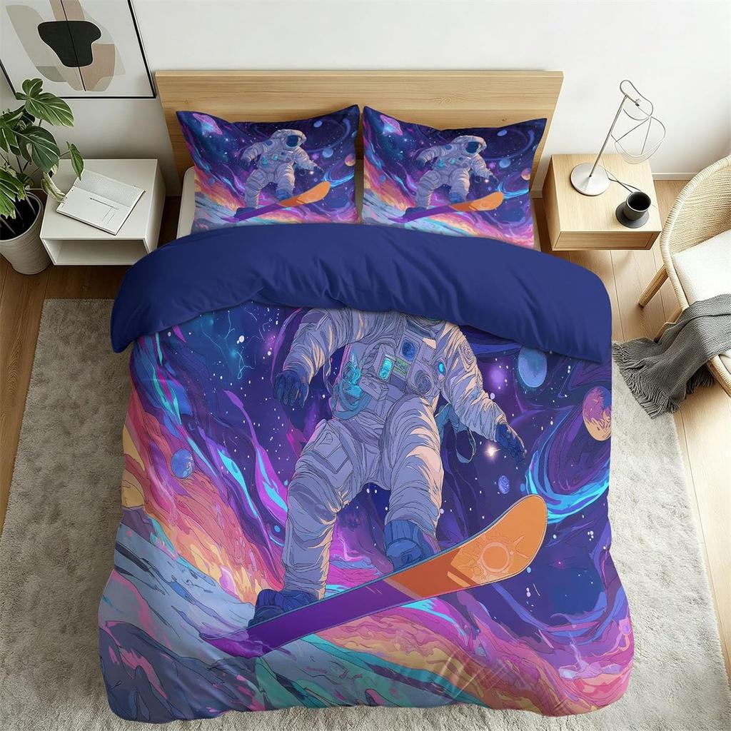 Cartoon Sci Fi Duvet Cover Single for Teens Adults,Space Astronaut Bedding with Zipper, Reversible Bed Sets 2 Piece Quilt Cover