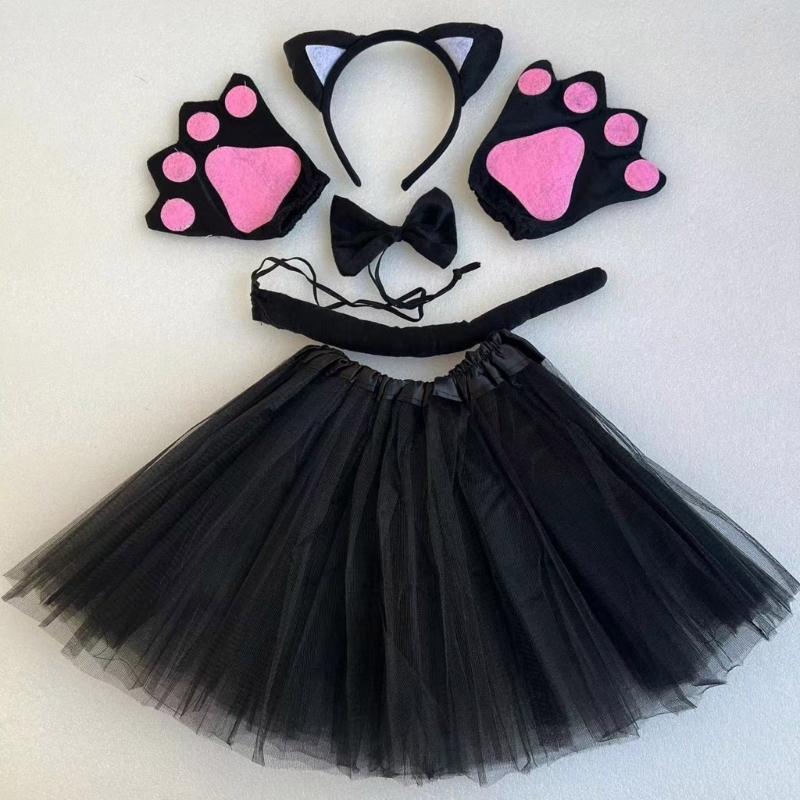 Cats Costume Set Includes Cats Tail Headband Bowtie Glove Skirt Halloween Catgirl Dress up Outfit for Kid Women Cosplay