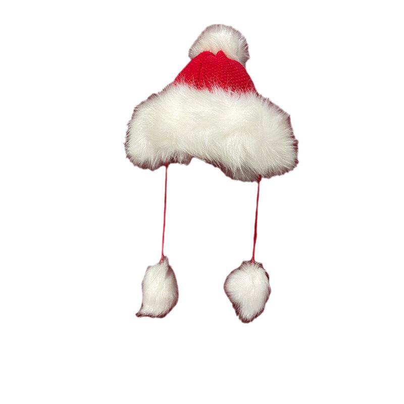 Damen Rote Bommel Strick Lei Feng Mütze - Warmer Samt, Modische Ohrenschutz Skimütze für Weihnachten & Neujahr.