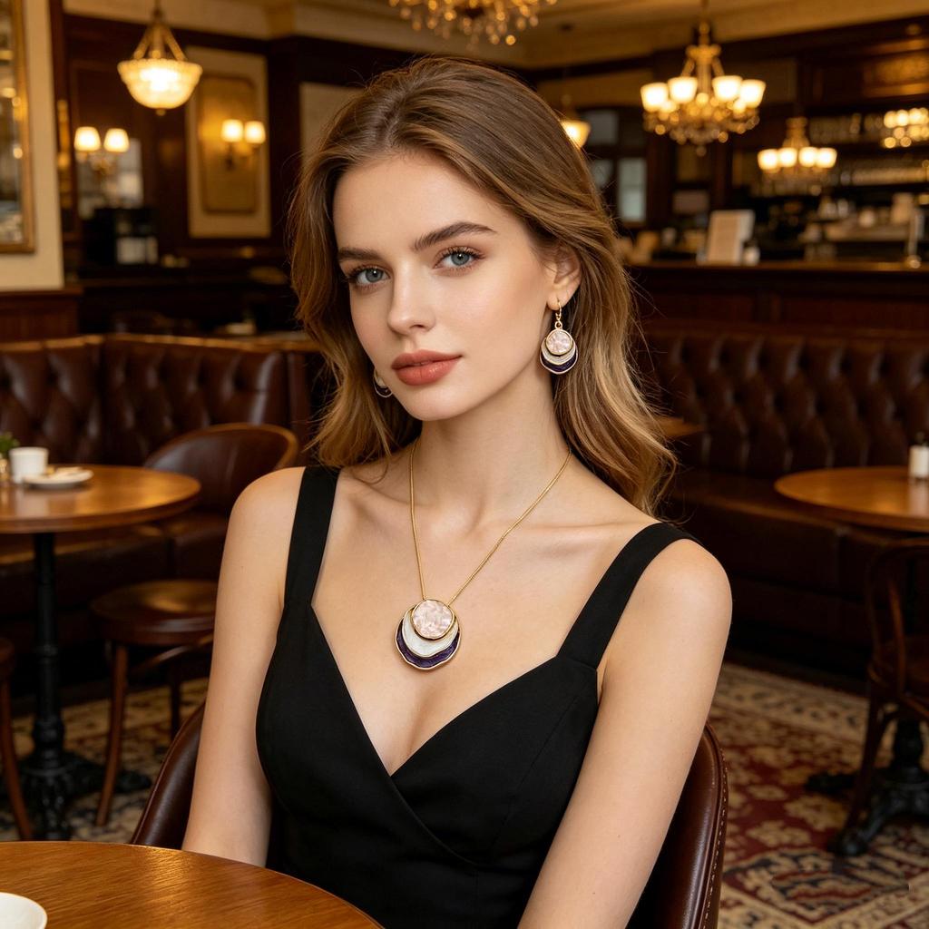 Abstract Layered Enamel Jewelry Set, Gold-Tone Necklace & Earrings with Purple Accents,Layered Enamel Jewelry Set, Abstract Design