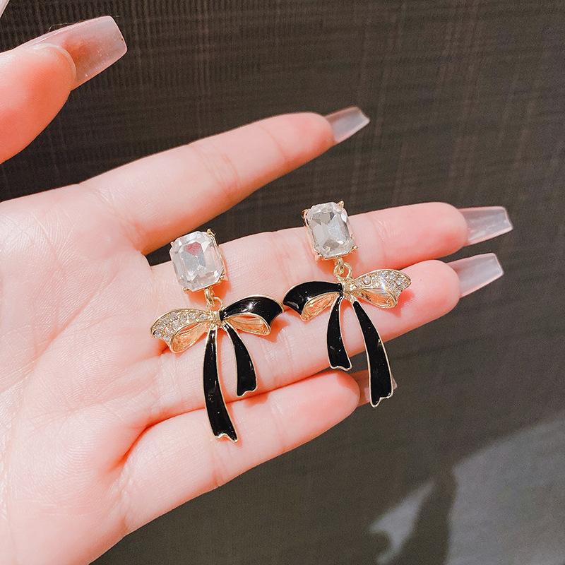 S Silver Needle New Streamer Bow Earrings Women's Versatile Diamond-encrusted Temperament Stud Earrings