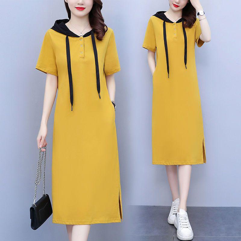 Summer Women Hooded Dress Long Loose Fit Casual Slimming Elegant Youthful Knee Length Short Sleeve