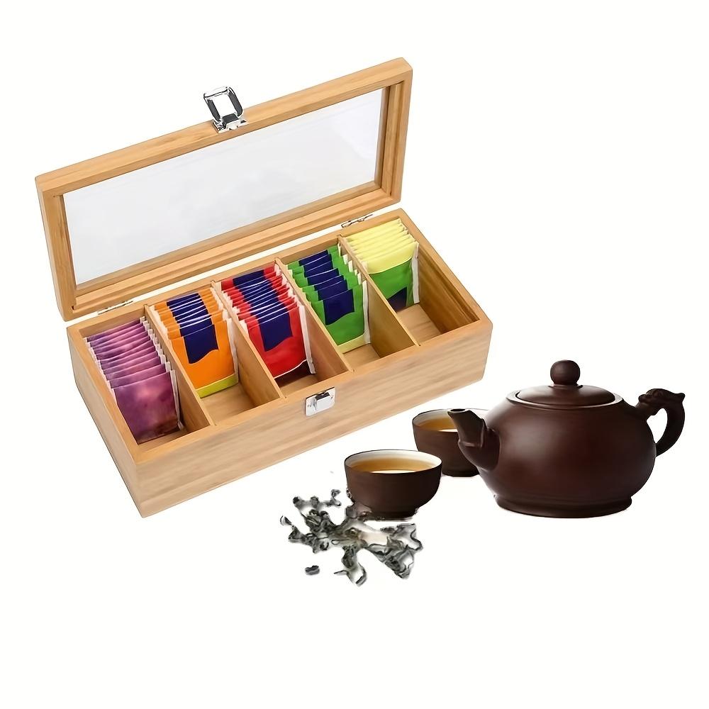 Bamboo Tea Storage Box 5 Compartments with Acrylic Window Flip Top Lid Airtight Container for Tea Bags Organizer, Chinese Tea Accessories