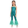 Girls Mermaid Cosplay Costume Sleeveless Flared Jumpsuit Fish Scales Design Halloween Party Outfit