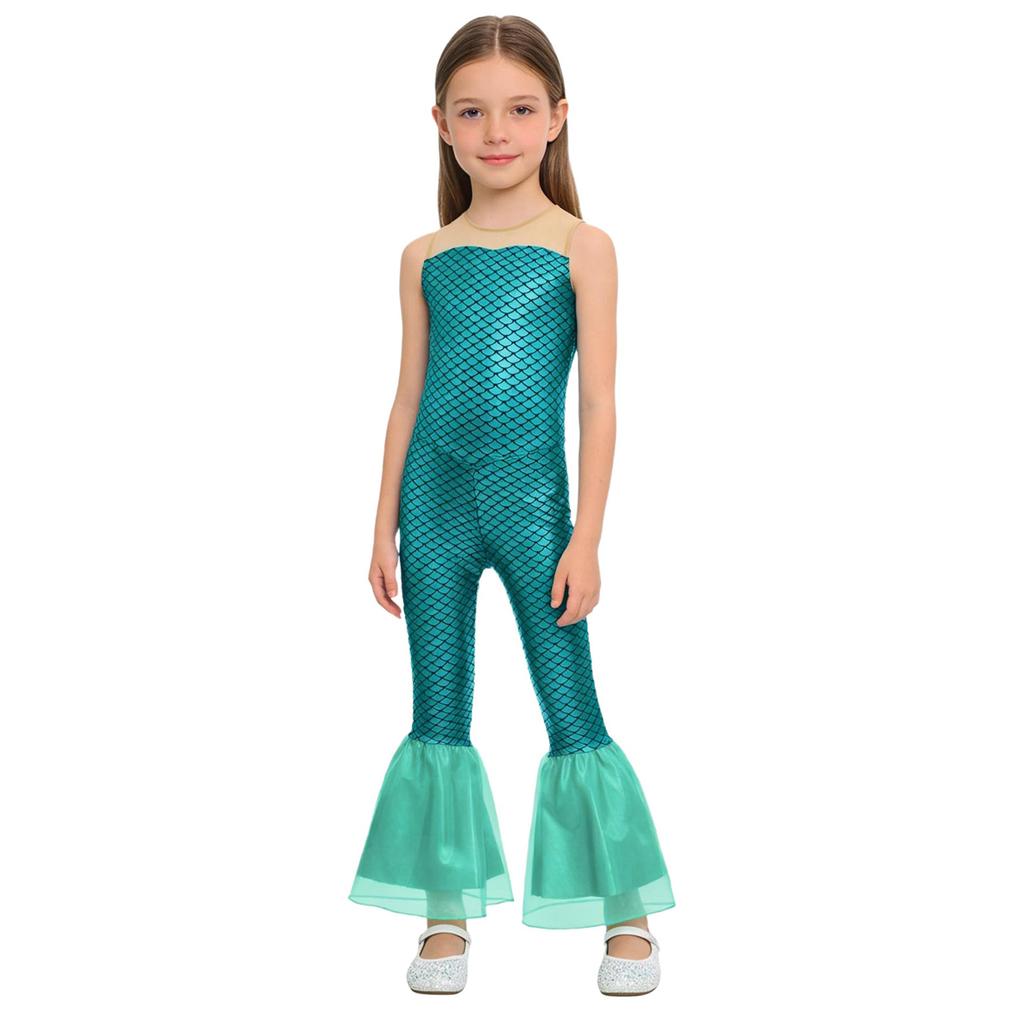 Girls Mermaid Cosplay Costume Sleeveless Flared Jumpsuit Fish Scales Design Halloween Party Outfit