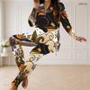 Women Plus Size Front Zip Long Sleeve Cartoon Raccoon Print Two Piece Pants Set
