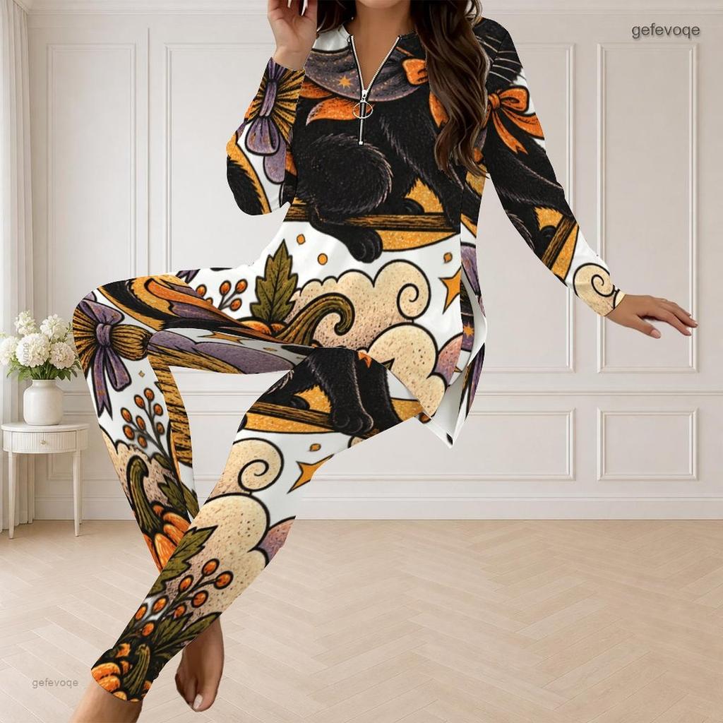 Women Plus Size Front Zip Long Sleeve Cartoon Raccoon Print Two Piece Pants Set