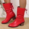 Fashion Comemore Autumn Winter New Middle Heel Lace-up Mid-calf Boots for Women Casual Solid Thick Heeled Female Round Toe Short Boats