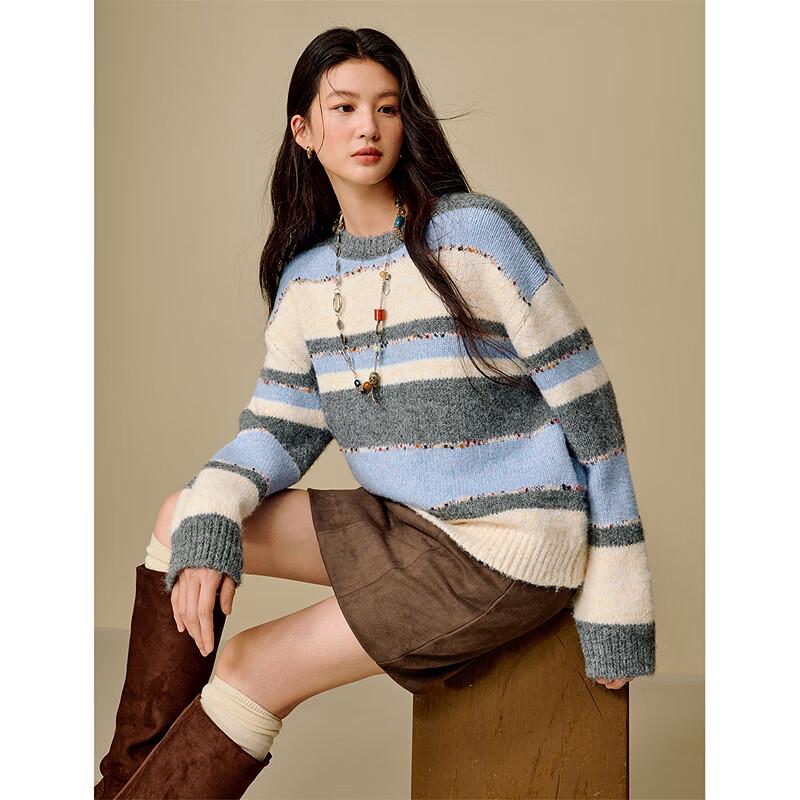 INMAN Women's Relaxed Fit Color Block Stripe Round Neck Knit Sweater