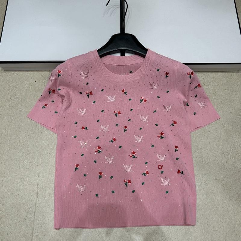 2026 Spring/Summer Rhinestone Bird & Flower Embroidered Short Sleeve Knit Top