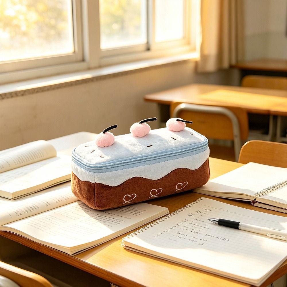 Cherry Cake Design Pen Bag Plush Pencil Pouch Durable Stationery Organizer Bag School Office