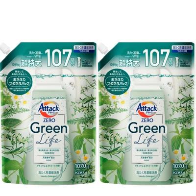 [Set of 2] Attack ZERO Green Life Concentrated Laundry Detergent Refill, Extra Large 1070g X 2 | Antibacterial and Natural Fragrance | Kao