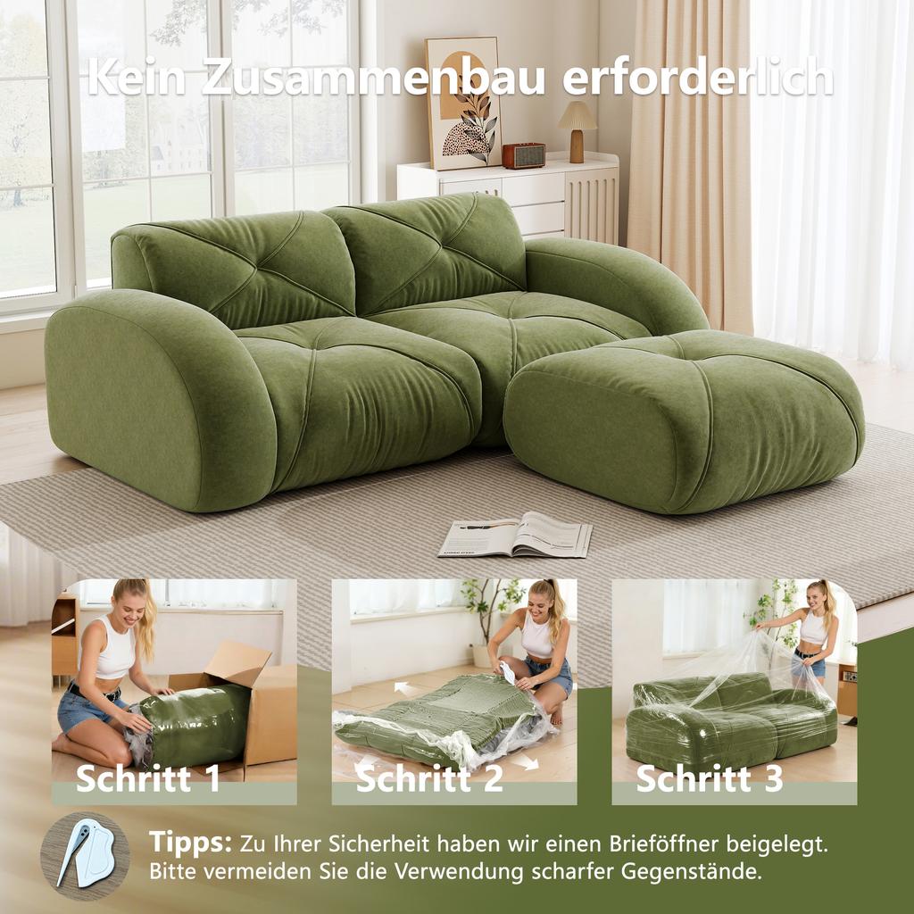 Modular sofa, 2-seater sofa with ottoman, high-density 32D foam, suitable for living room, pet-friendly chenille fabric, non-slip design, green