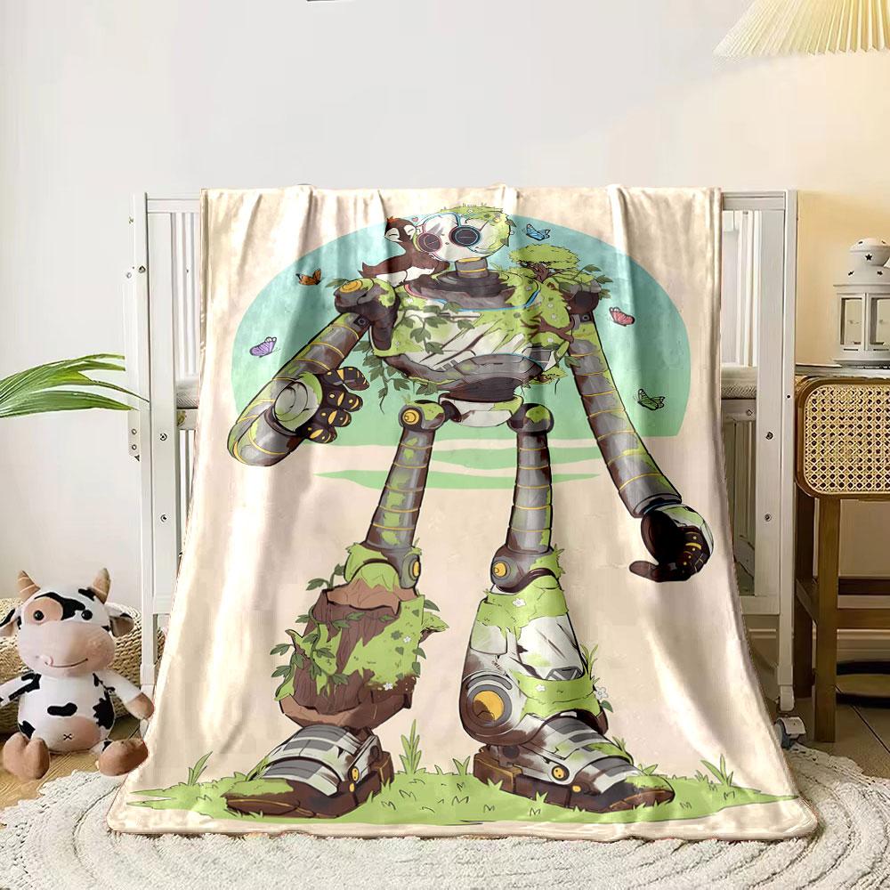 

A robot covered in greenery and flowers surrounded by birds and butterflies. for all seasons blanket lunch break throw gift 80cm x 120cm