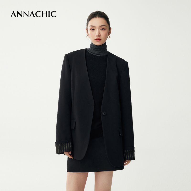 

Annachic Black V-neck Slimming Suit Outwear Women s Spring Fancy Patchwork Long Sleeves Striped Slit Suit Obsidian Black L