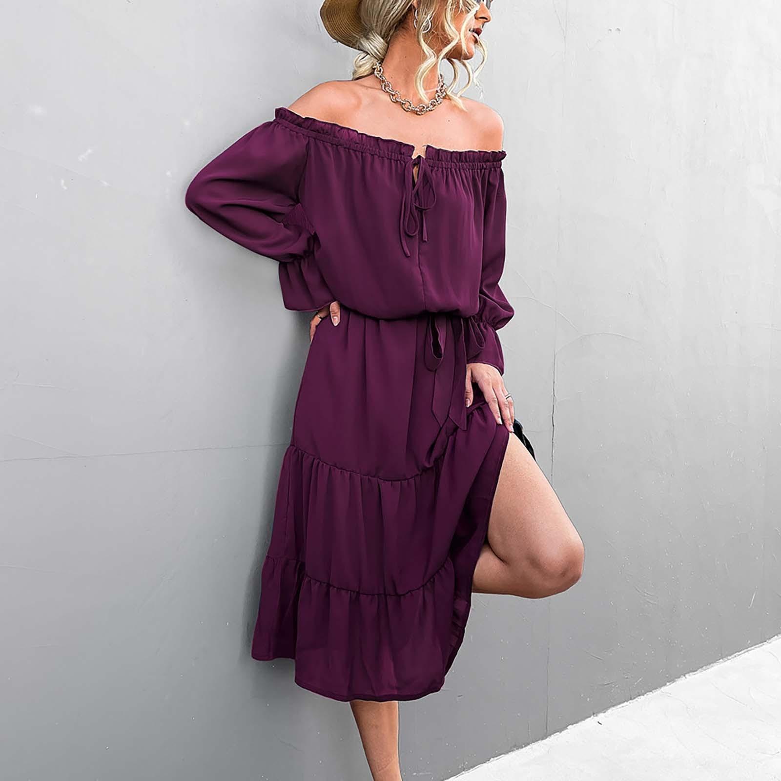 

Women s Sexy Off Shoulder Lace-Up Long Sleeve Dress Midi Dress S винний