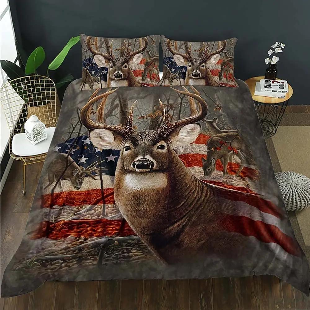 Deer Duvet Cover SetWoodland Animals Elk Moose Bear Wildlife Hunting Country Cabin Bedding SetRustic Farmhouse Comforter Cover