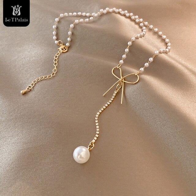 

Le T Palais Модное простое жемчужное ожерелье, жемчужное колье-чокер, симпатичная двухслойная цепочка-бант, кулон для женщин, ювелирные изделия, подарок девушке