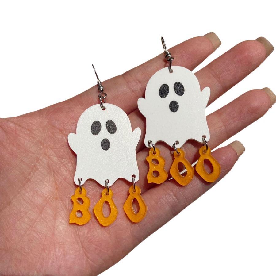 Personalized style acrylic exaggerated high-end sense pumpkin ghost BOO letter splicing sequined earrings Halloween earrings