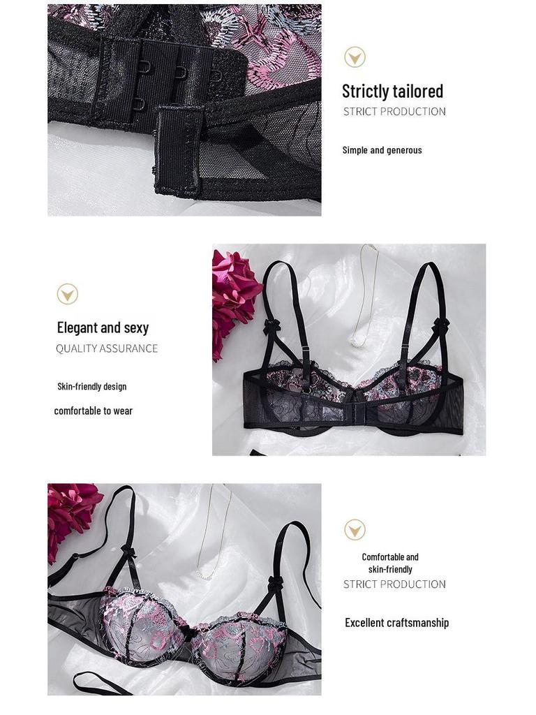 Pink & Black Sexy Floral Embroidered Mesh Lingerie Set - Sheer Bra & Thong Two-Piece