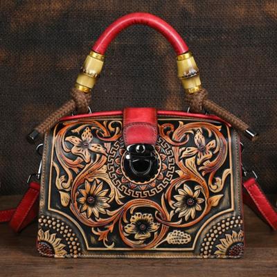 Vintage Luxury Handbag Handmade Leather Carved Women Bag Versatile Female Shoulder & Crossbody Bags
