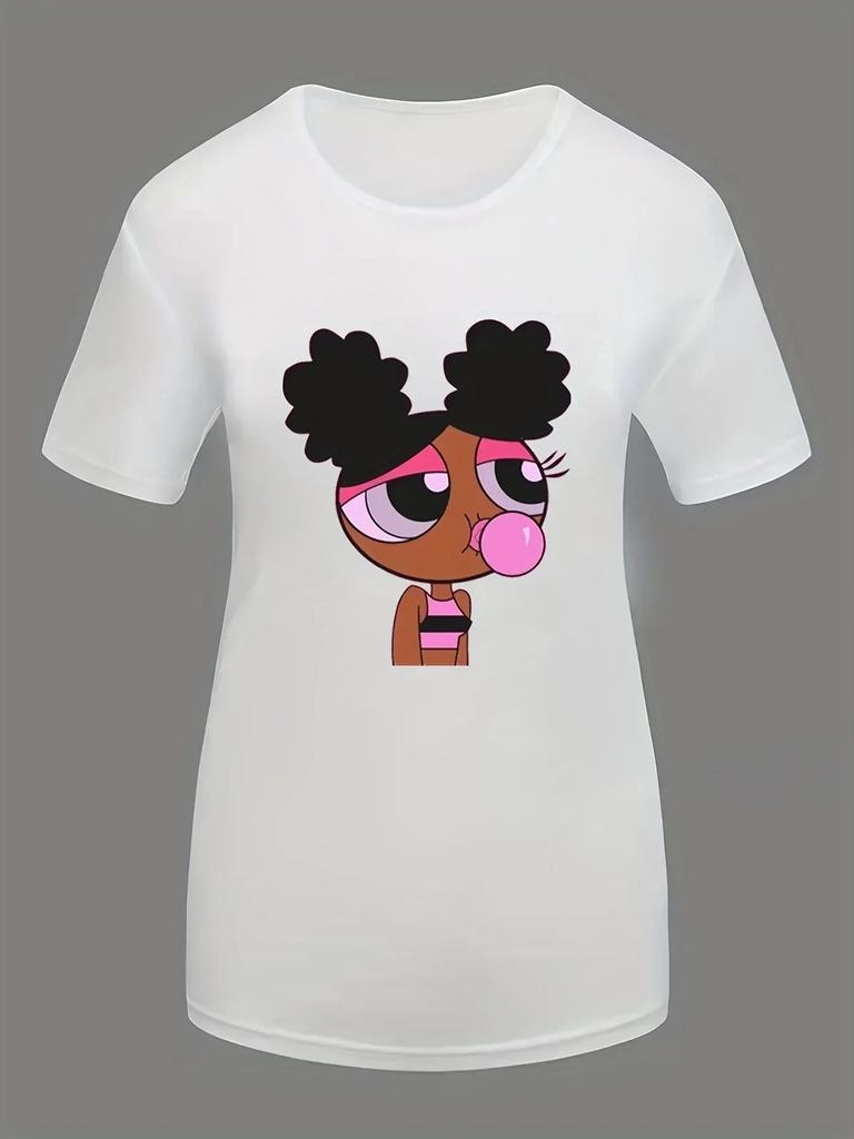 T-shirt z nadrukiem kreskówkowym, casualowy top z krótkim rękawem na wiosnę i lato, odzież damska