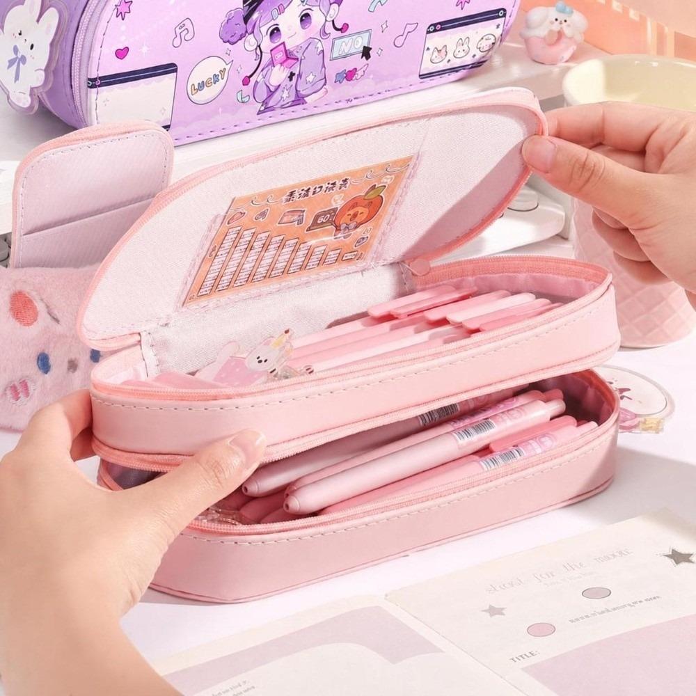PU Leather Material Multi-Functional Pencil Box Layered Structure Cartoon Storage Box  Office Use