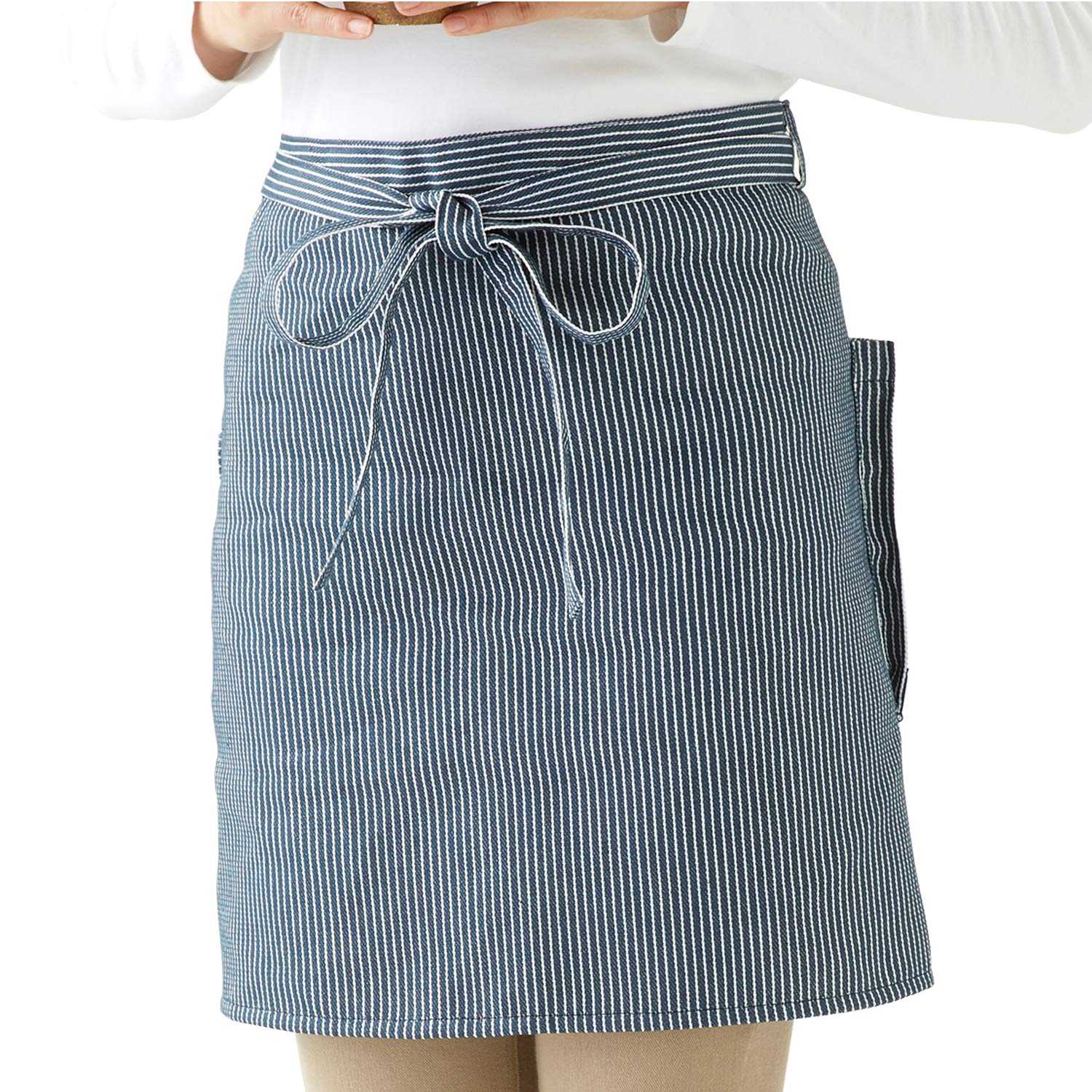 Navy Half Denim Cafe with [Astro] Apron, Stripe, Length, Style, Apron, Unisex, Pockets, 602-50