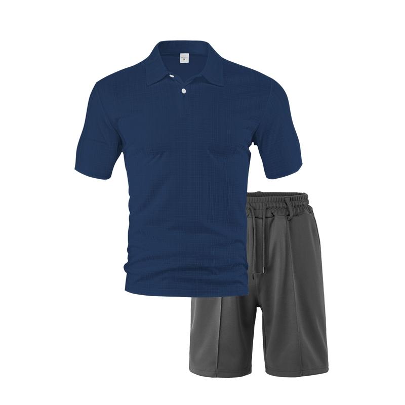 Summer Men Matching Outfit Sets Grid Texture Short Sleeve Polo Shirts Elastic Drawstring Casual Shorts Daily Beach Vacation Two Piece Tracksuit