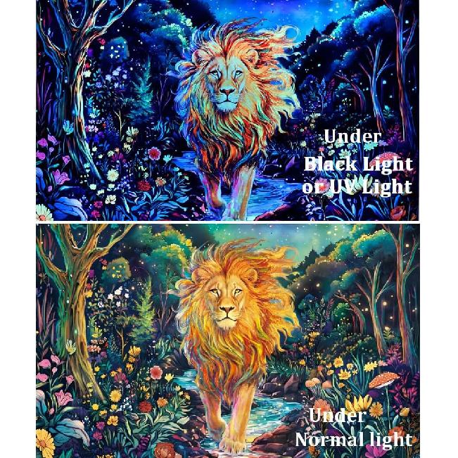 Obsecolors Blacklight Lion Tapestry UV Reactive Forest Wall Tapestry Trippy Galaxy Space Tapestries Colorful Flowers Plant Tapestries Wall Hanging