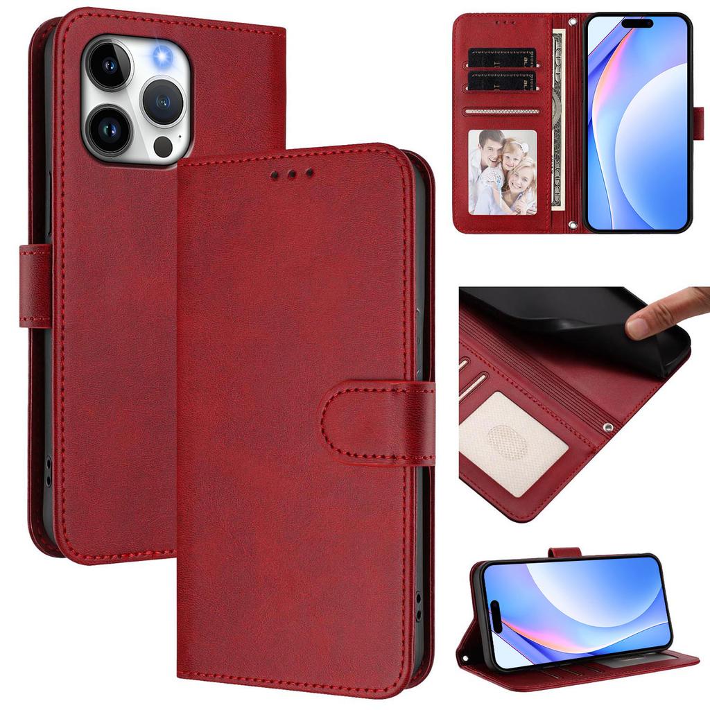 For iPhone 16 Pro Max Wallet Case RFID Blocking Calf Texture Leather Stand Phone Cover with Strap