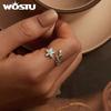 WOSTU 925 Sterling Silver Clear Green Cystal Flower Opening Ring For Women Hanmade Leaf Design Stackable Rings Girl Party Gift