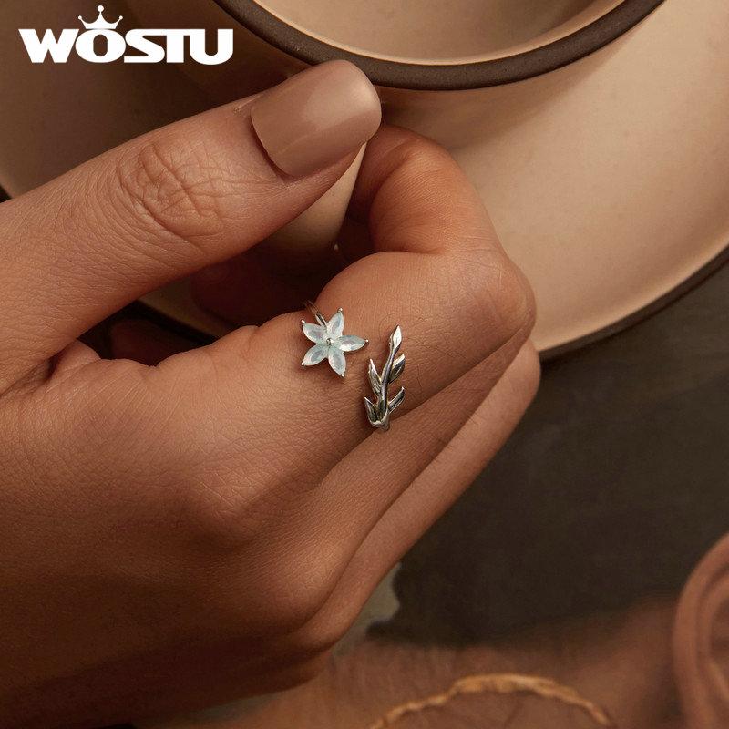 WOSTU 925 Sterling Silver Clear Green Cystal Flower Opening Ring For Women Hanmade Leaf Design Stackable Rings Girl Party Gift