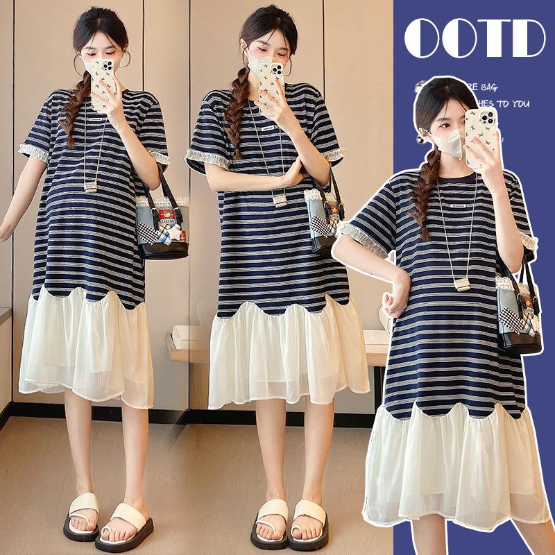 Summer 2026 French Style Maternity Dress - Playful, Stripe Patchwork Two-Piece Design M