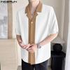 INCERUN Oversized Men Lapel Neck Half Sleeve Patchwork Casual Shirts
