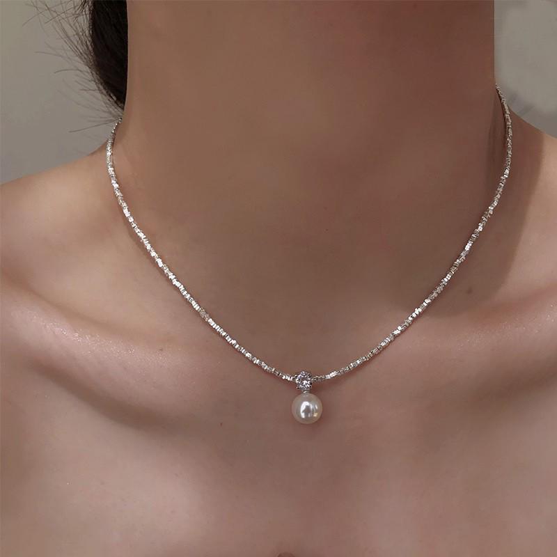 Colier choker cu lanț de claviculă cu pandantiv perlă din argint sterling S925 pentru femei