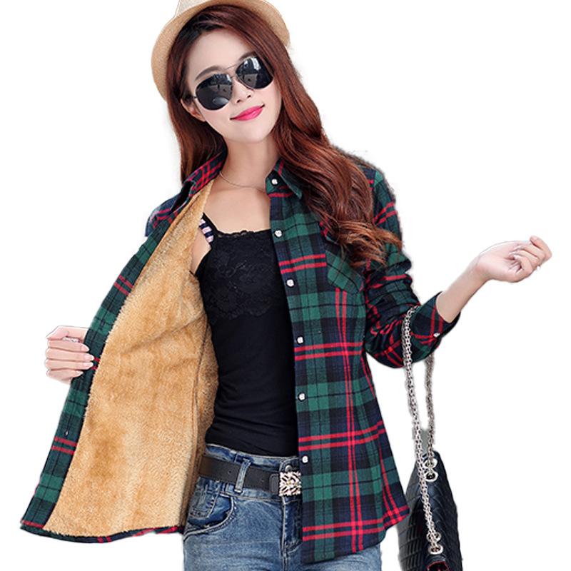 Keep warm in autumn and winter, shirt women's autumn and winter velvet thickened long-sleeved British slim-fitting bottomed cotton plaid shirt women