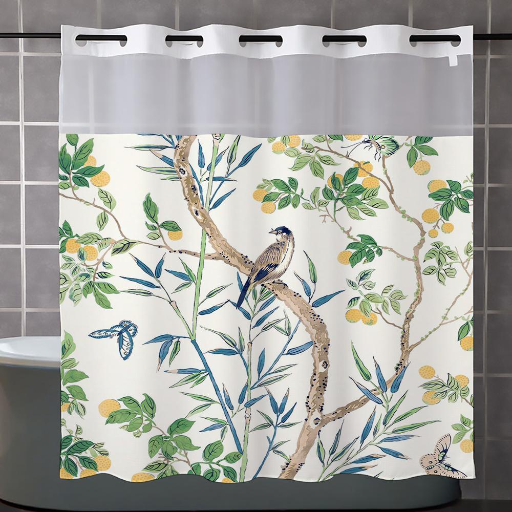 No Hook  Floral Pattern Shower Curtain With Snap-in Fabric Liner, Sheer Top Window, Waterproof Double Layer Bathtub Curtain