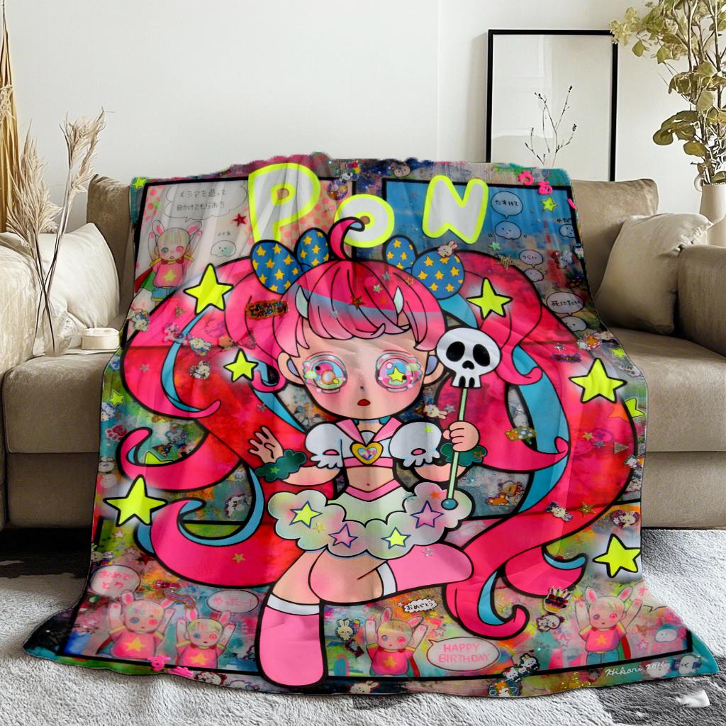 

130×150 Kawaii Cartoon Flannel Warm Cute Comfort Soft Plush blanket girls for sofa art living room office bedroom travel gift 130x150cm