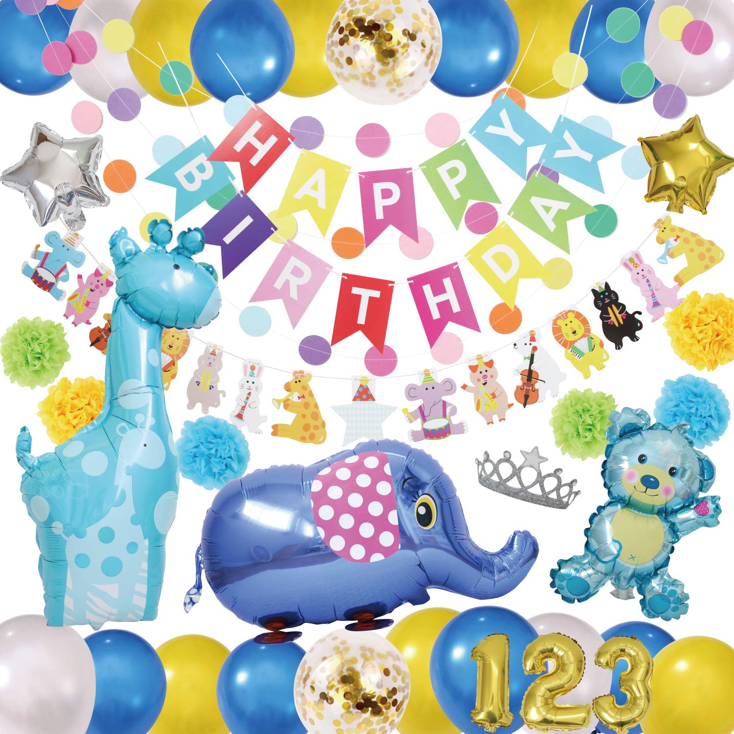 

deerzon Boys Birthday Decoration Balloon Set Animal Balloons Decoration Birthday Garland Stars Numbers Blue (88 Animals)…